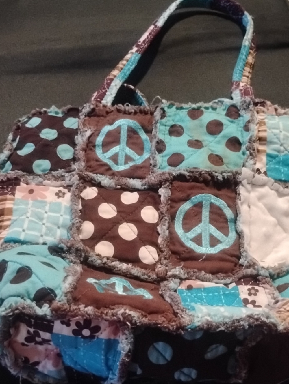 Patchwork Peace Sign Tote Bag in Brown & Teal